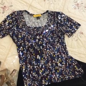 St. John Print Scooped Neck Top w/BeadingREDUCED
